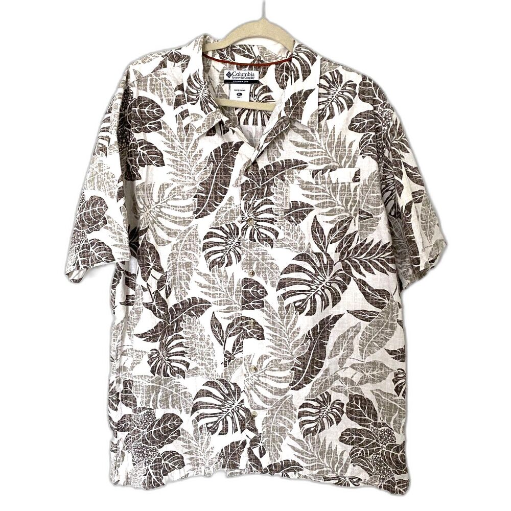 Columbia Beige Cotton Blend Hawaiian Leaf Short Sleeve Button Down Shirt XL
